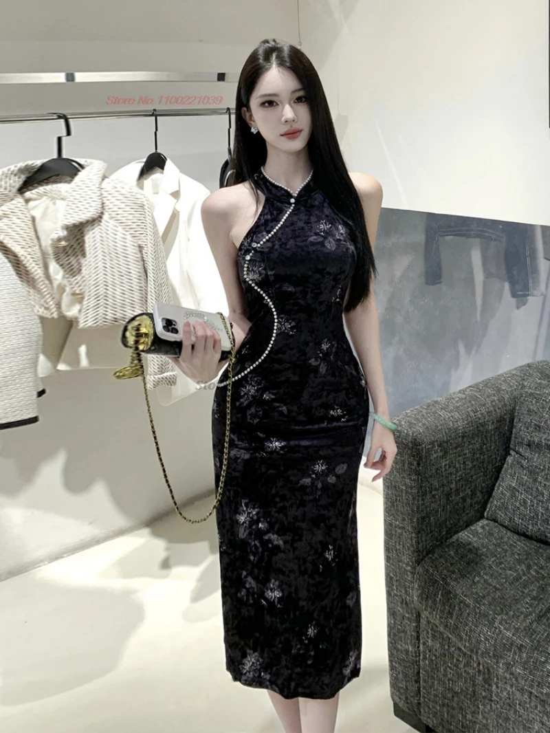

2025 chinese vintage dress sexy sleeveless cheongsam flower print velvet dress traditional nightclub qipao folk dress vestido