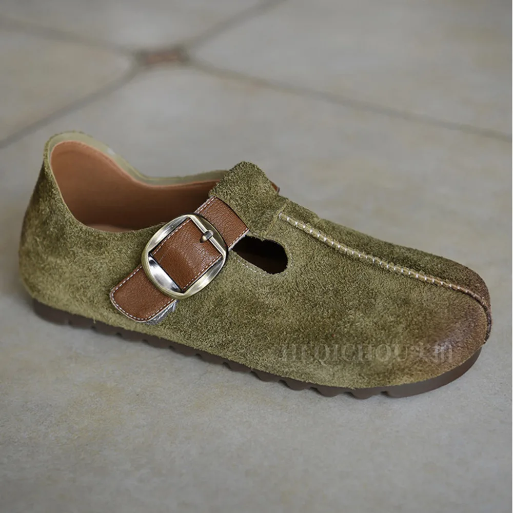 Zapatillas tipo mule de ante genuino verde caqui para mujer, con hebilla metálica, cosidas a mano, punta cerrada, sin talón, zapatos casuales