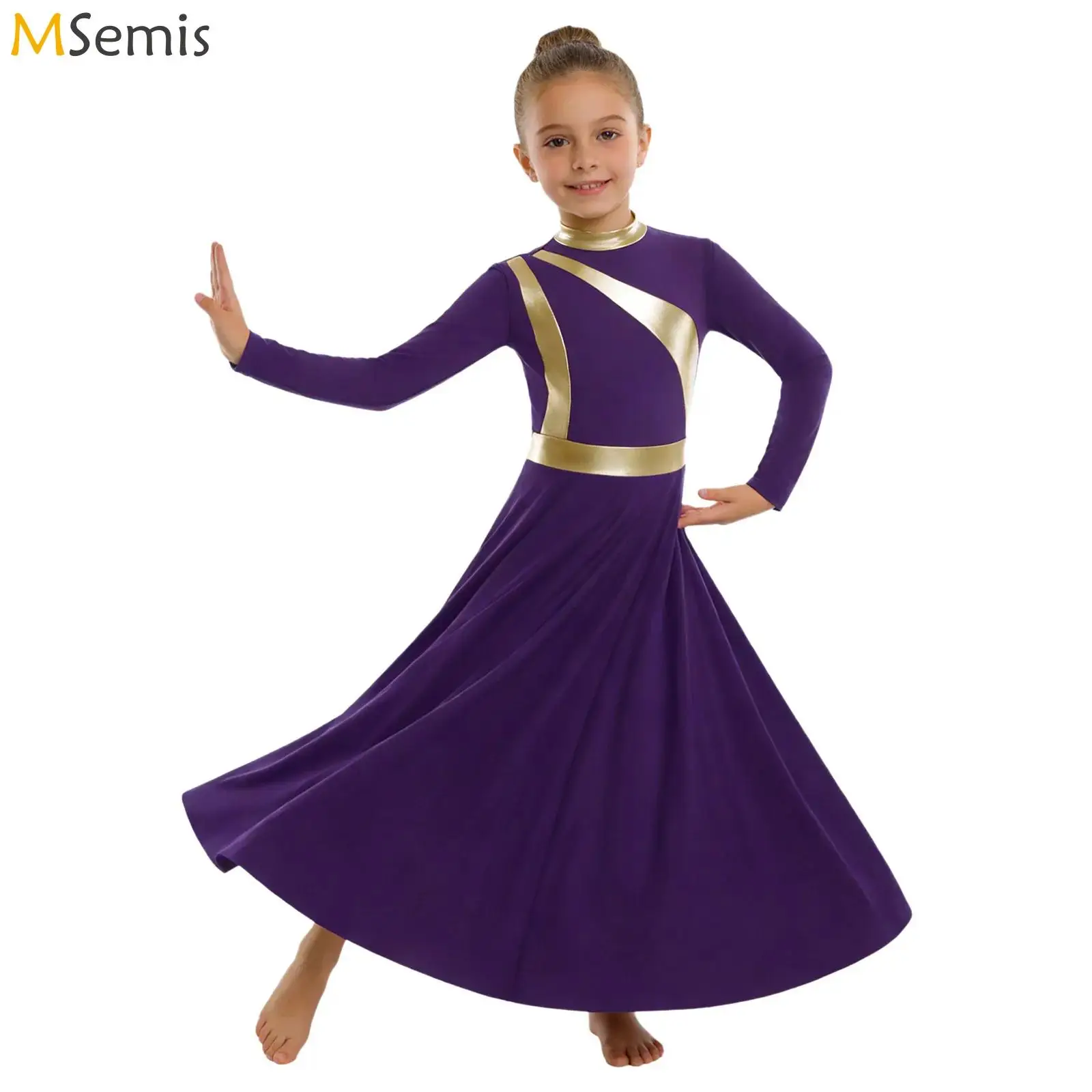 

Kids Girls Liturgical Praise Lyrical Dance Dress Long Sleeve Worship Gown Metallic Invisible Zipper Worship Church Dance Costume