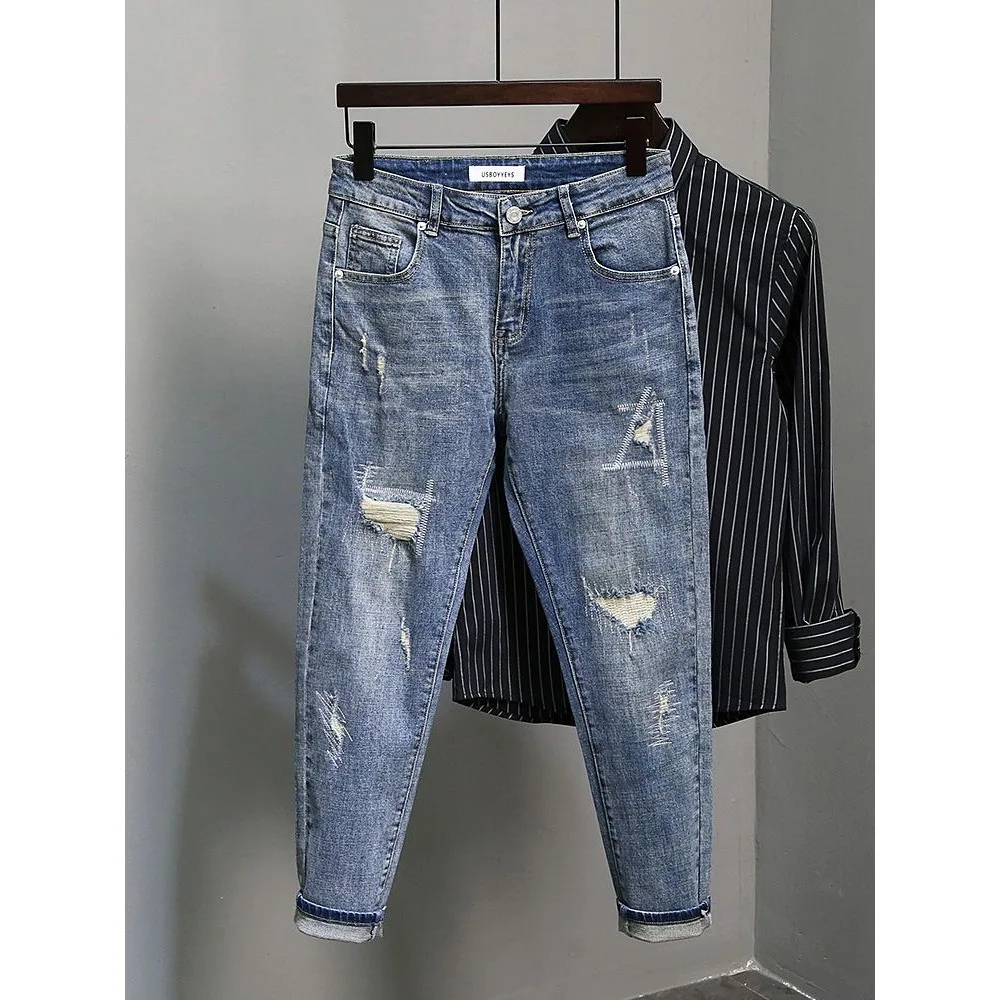 

Casual Spring and Autumn Slim Denim Pencil Pants Men's Jean 2024 New Broken Hole Slim Fit Beggar Design High Street Washed Jeans