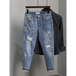 Casual Spring and Autumn Slim Denim Pencil Pants Men's Jean 2024 New Broken Hole Slim Fit Beggar Design High Street Washed Jeans
