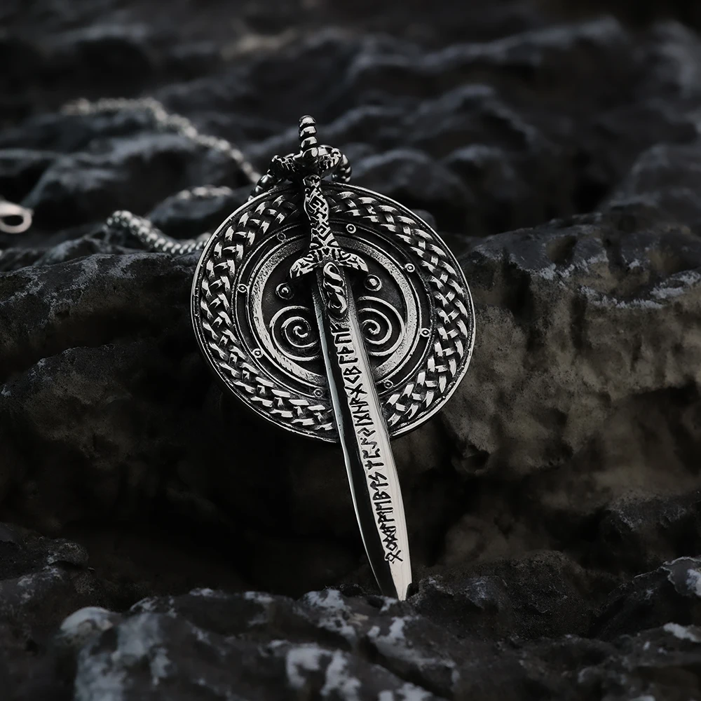 European and American style Viking rune personality sword shield fashionable men's pendant necklace stainless steel jewelry