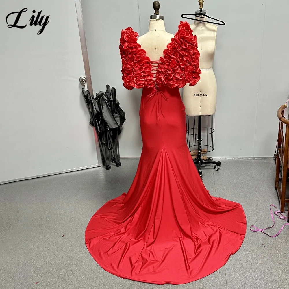 Lily Red Mermaid Chic Woman Evening Dress Stain 3D-Flowers Formal Gown Ruched Deep V-Neck Night Dresses robe de bal Customized image 4