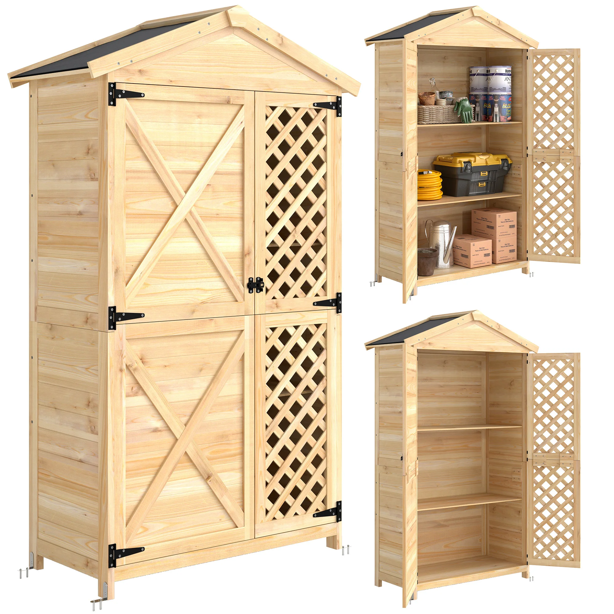 Outsunny Armario de Exterior de Madera con Techo de Asfalto 2 Puertas Ventiladas Estantes