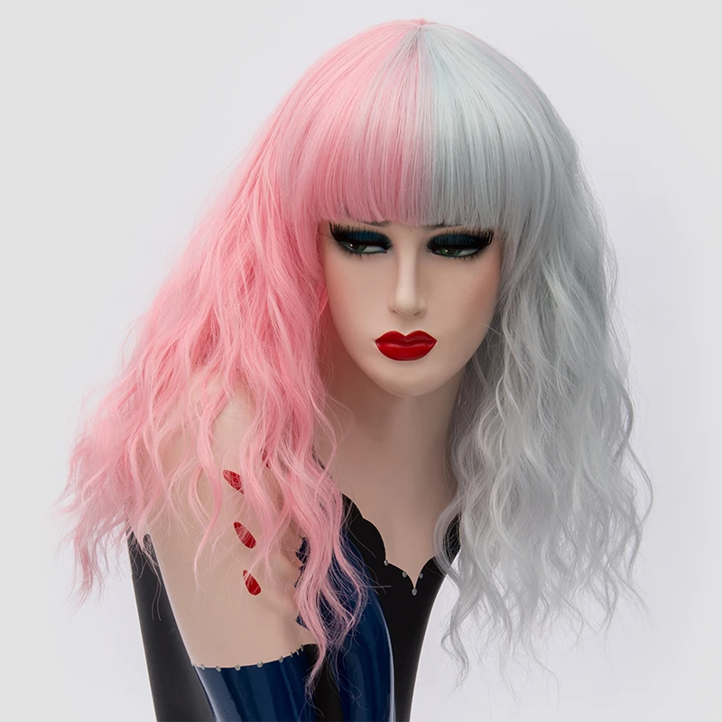 Women Half Pink Half Silvery Short Wavy Cosplay Wig Straight Two‑Tone Curly Synthetic Wig Heat‑Resistant Fiber Halloween Party