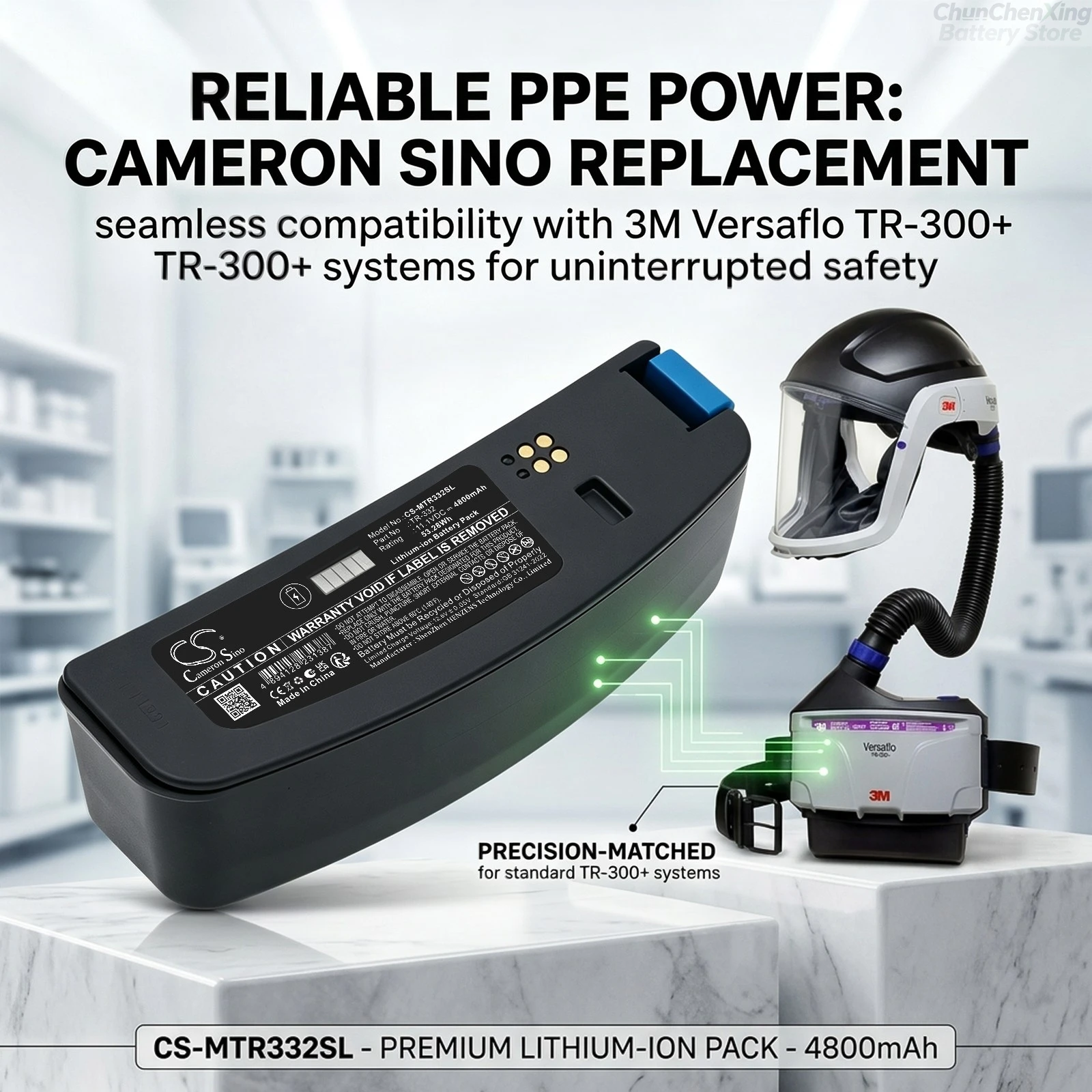 Cameron Sino 11.1V 4800mAh Replacement Battery for 3M Versaflo TR-300 PAPR TR-301N TR-300N+ TR-332