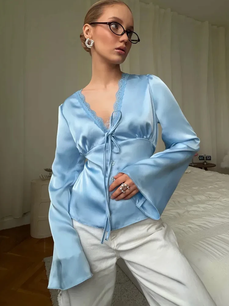 

Trendix Lace Up V Neck Shirts Women Solid Fashion Lace Patchwork Long Sleeve Tees Blouse High Street Casual Party Elegant Tops