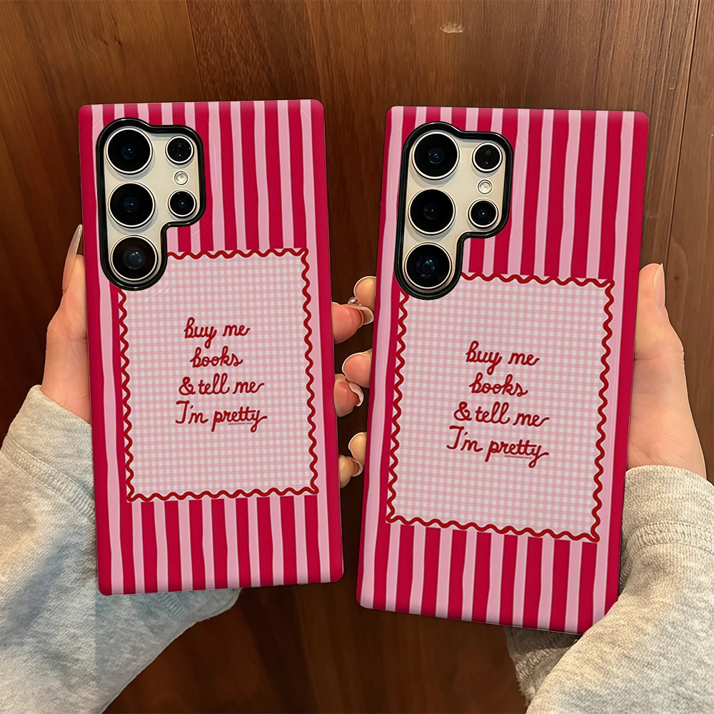 Pink Striped Heart Text Comes Lens Film Case For Samsung Galaxy S26 S25 FE S24 S23 S22 S21 S20 Ultra Plus S20 FE PC Cover