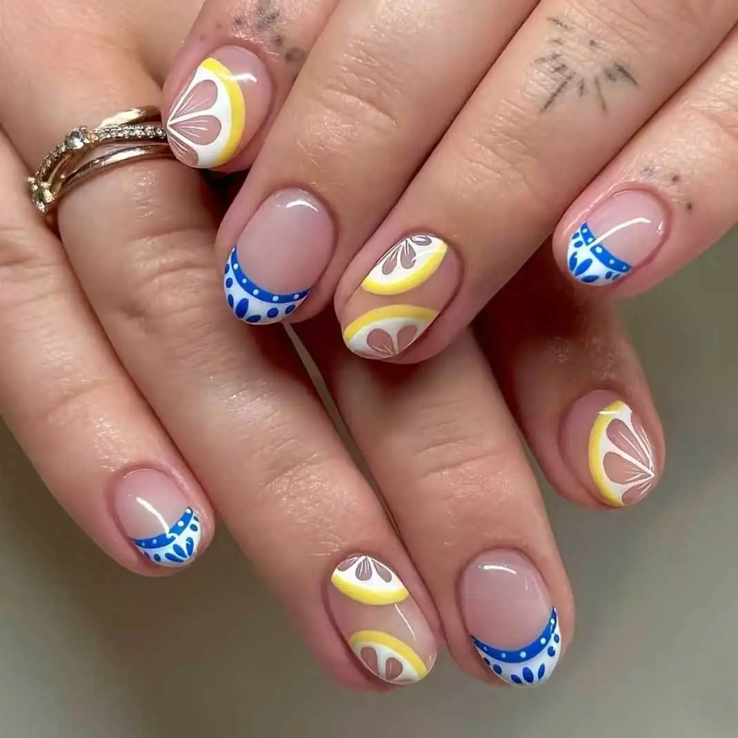 Almond False Nails Tips Summer Colorful Nails Sets with Lemon Design Press on Nails Art Wearable Fake Nail French Tip Almond