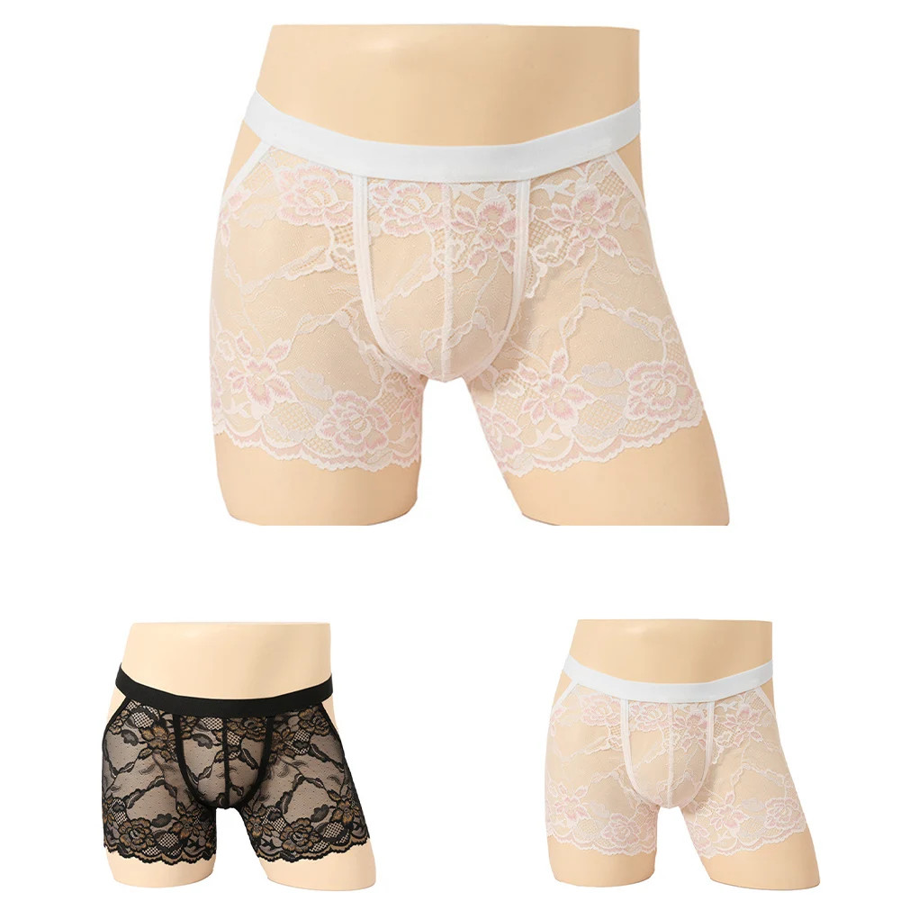 

Men Lace Exquisite Jacquard Sheer Boxer Shorts See Through Underwear For Hot Man Sexy Open Butt Trunks Soft Summer Men's Panties