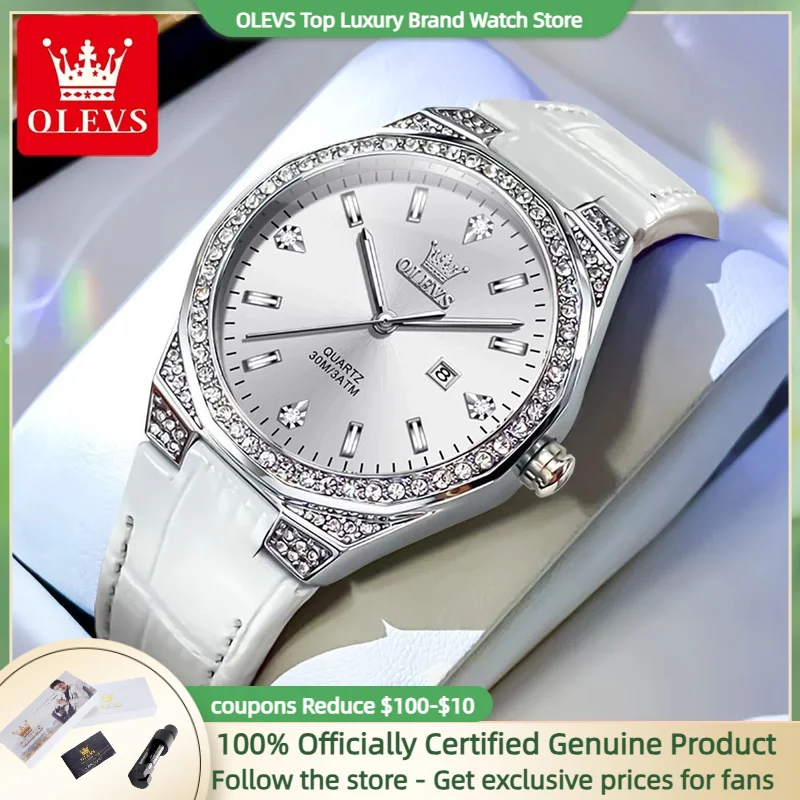 OLEVS NEW Quartz Watch for Women White Leather Strap Diamond Watches Auto Date Waterproof Original Ladies' Watches Reloj Mujer