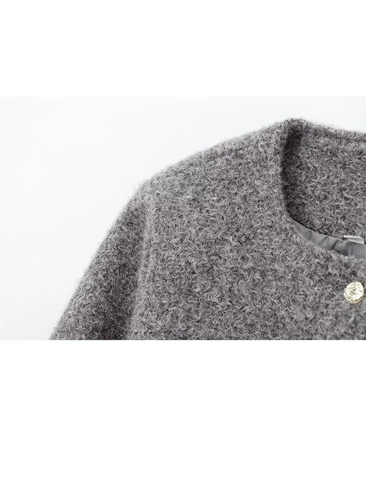 HH mujer invierno cuello redondo manga larga un solo pecho bolsillo botón decoración abrigo corto mujer chaqueta estilo callejero