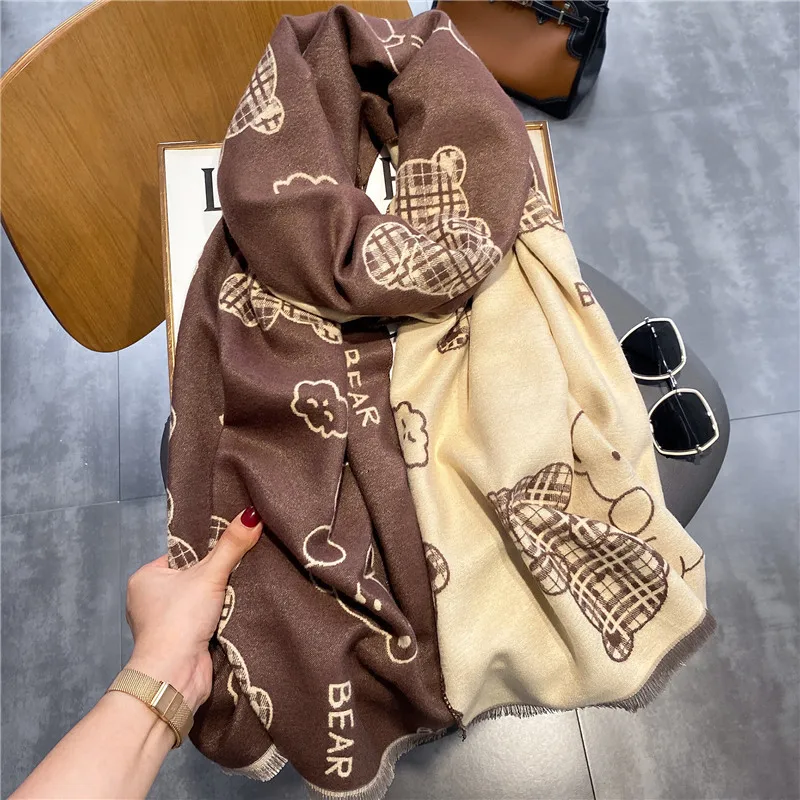 Luxury Brand Cartoon Bear Women\'s Cashmere Scarf Winter Warm Shawl Designer Lovely Bear Lady Wraps Double-side Blanket Scarves