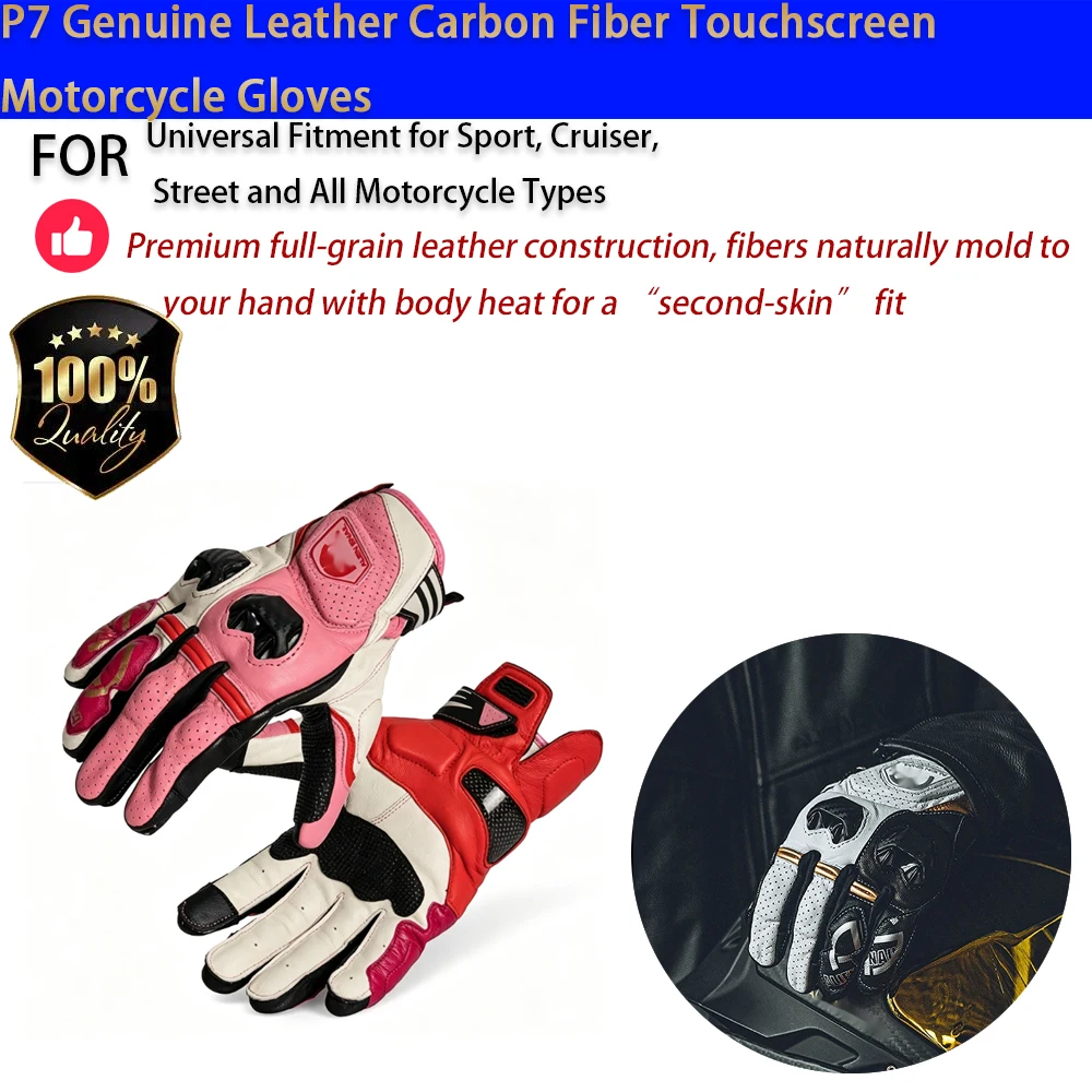For Motorcycle P7 Leather Gloves Carbon Fiber Anti-Fall Touchscreen All-Season Pink No-Drill Accesorios Moto