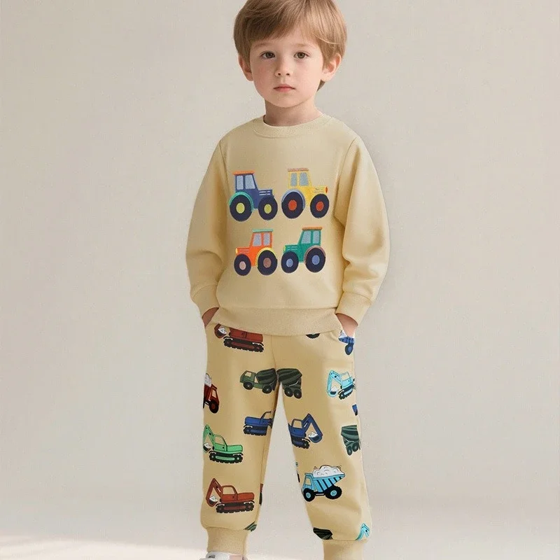 2-7T Kids 100% Cotton Pullover Tops Hoodies Sweatshirts Colorful Tractor Pattern Long Sleeve Boys Casual Clothes