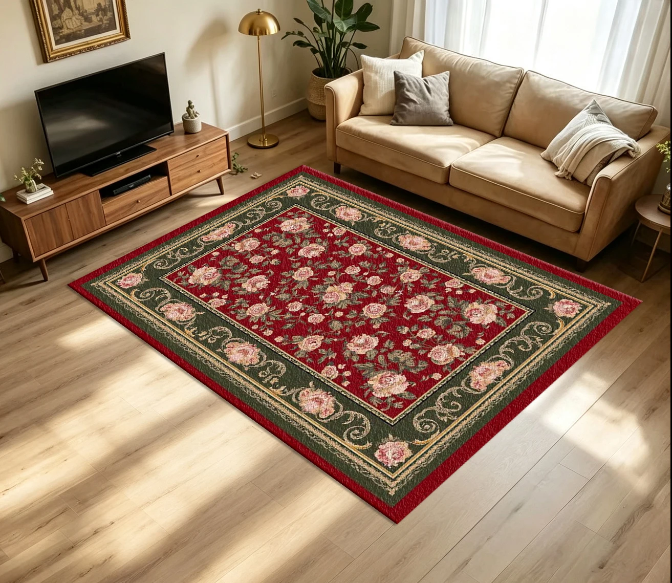 Vintage European Rose Carpet Flooring Retro Red Background Pink Flower Green Gold Border Printed Floor Rug for Household Indoor Living Room Home Classic Ornament