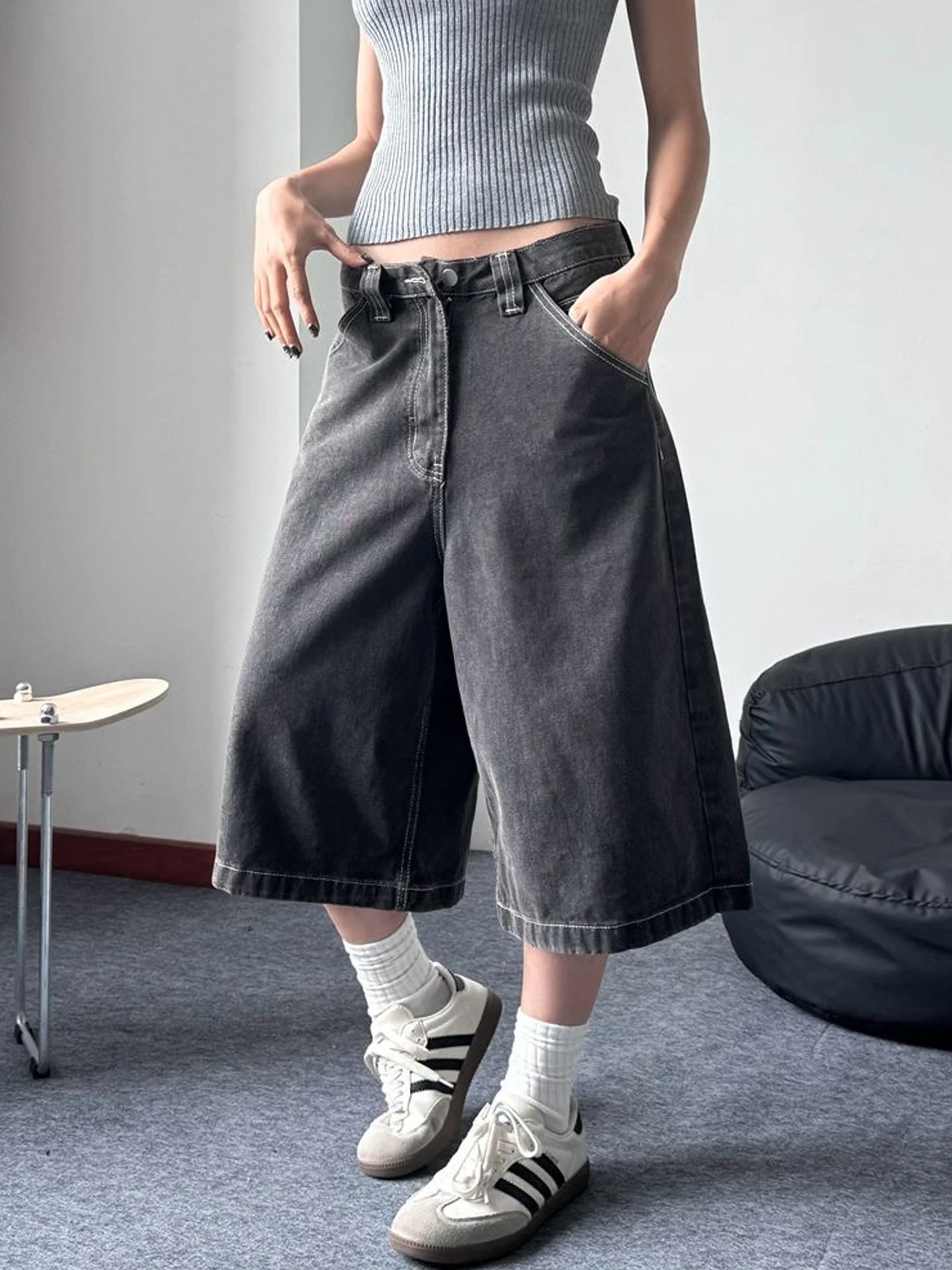 

Ретро джинсы-кюлоты серо-черные для женщин, летние, новые, с высокой талией, свободные, прямые, повседневные, средней длины