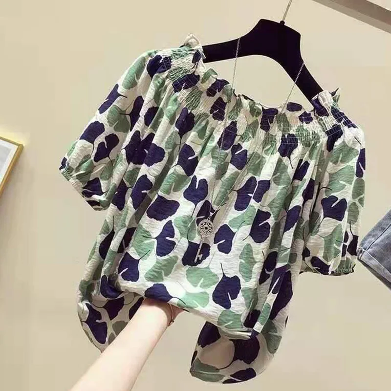 Sweet Slash Neck Loose Printed Ruffles Shirring T-Shirt Female Clothing 2023 Summer New Casual Pullovers Office Lady Tee Shirt