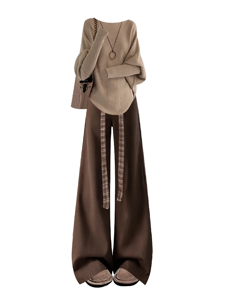 Plus Size Maglione lavorato a maglia invernale Pantaloni a gamba larga a vita alta Set da due pezzi rotondo Ne Splicing Plaid Faion Donna matura Ens...