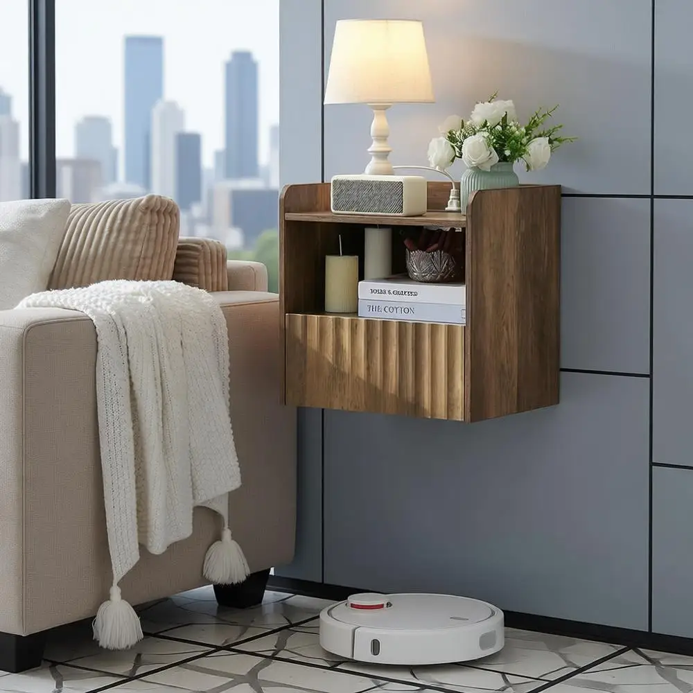 

Современная рифленая плавающая тумбочка, настенная - прикроватная тумбочка с ящиком для хранения и полкой для витрины, минималистичная мебель для спальни