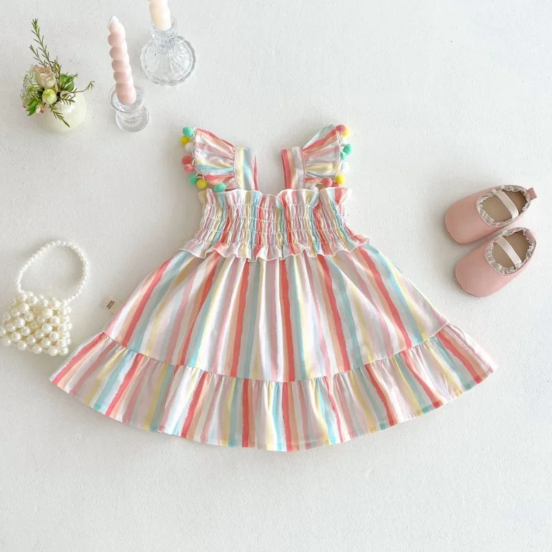 

Girls Summer Colorful Striped Dress 2025 Sweet Kids Baby Flying Sleeve Hair Ball Dress Trendy Children's Princess Party Clothes