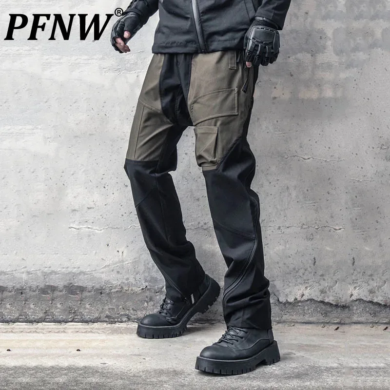 PFNW Niche Zipper Deconstruction Design Darkwear Men's Causal Trousers Colorblock Pockets Splicing Trendy Cargo Pants New12C1694