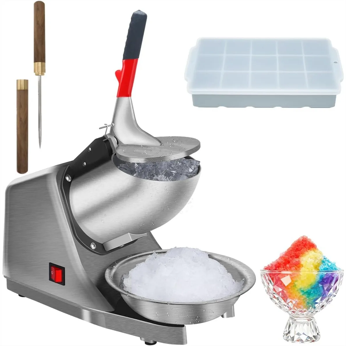 

Snow Cone Machine Shaved Ice Maker 300W 2000r/min Stainless Steel Blade Electric Ice Crusher for Home, Free Ice Pick & Tray