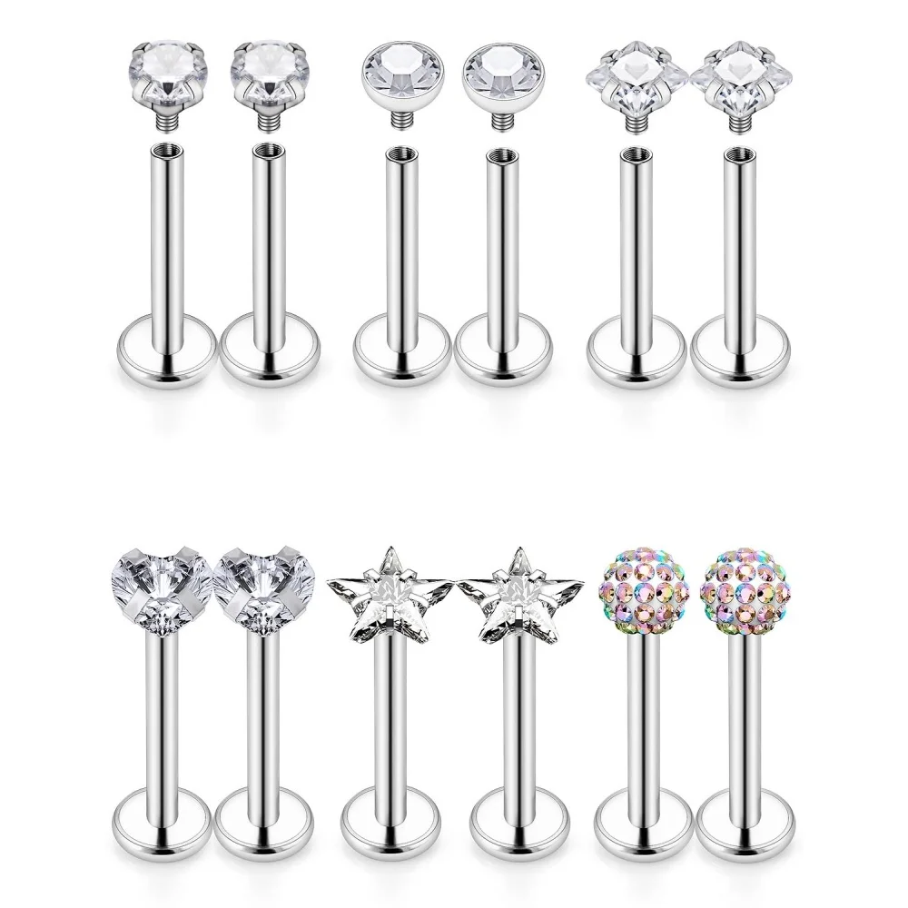 16G Internally Threaded Surgical Steel Labret Lip Studs Set Flat Back Cartilage Piercing Earrings for Tragus Helix Snake Bite