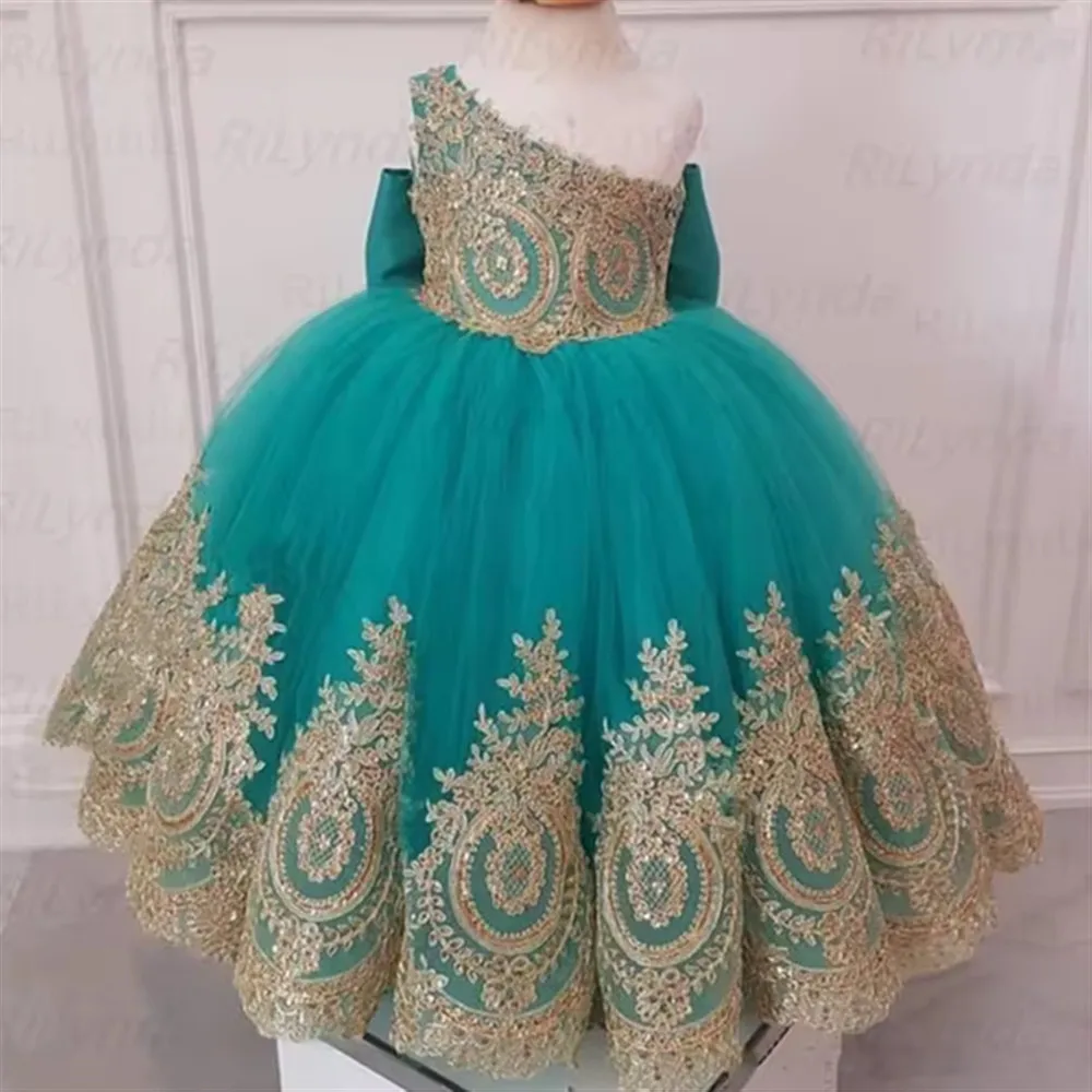 

Elegant Lace Flower Girl Wedding Dress Appliques with Bow One Shoulder Little Kids Girls First Communion Birthday Party Dress
