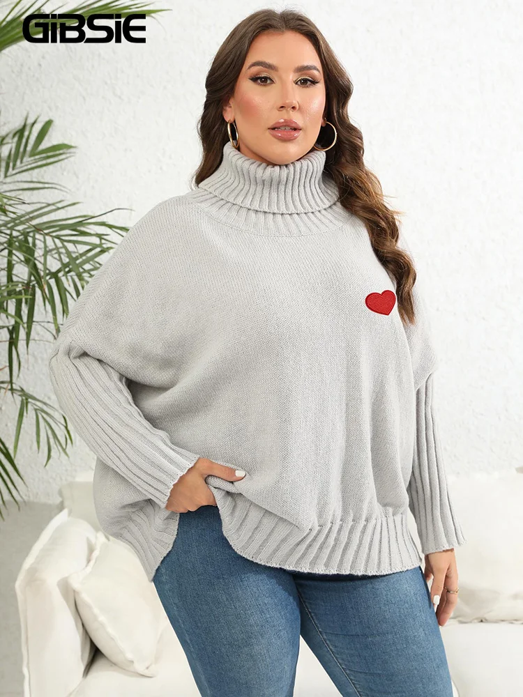 GIBSIE Plus Size Heart Embroidery Oversized Turtleneck Sweater Women 2024 Fall Winter Fashion Loose Gray Black Knitted Pullover