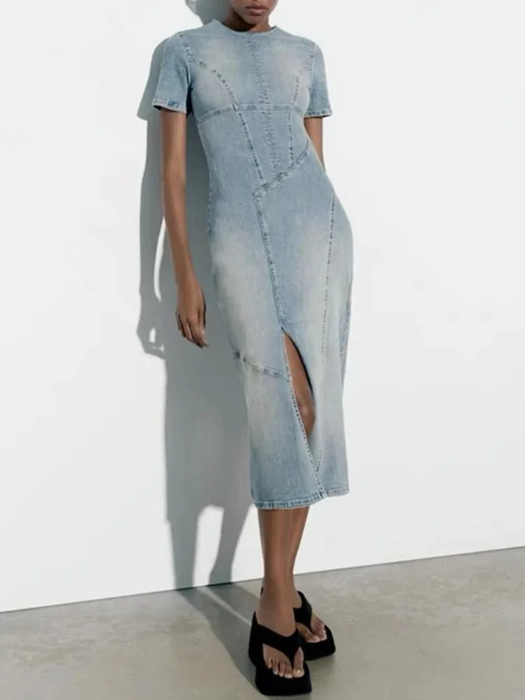 TRAFZA Casual Blue Denim Dress Patchwork Denim O Neck Dress Short Sleeve Slit Elegant Denim Midi Washed Denim Slim Dress