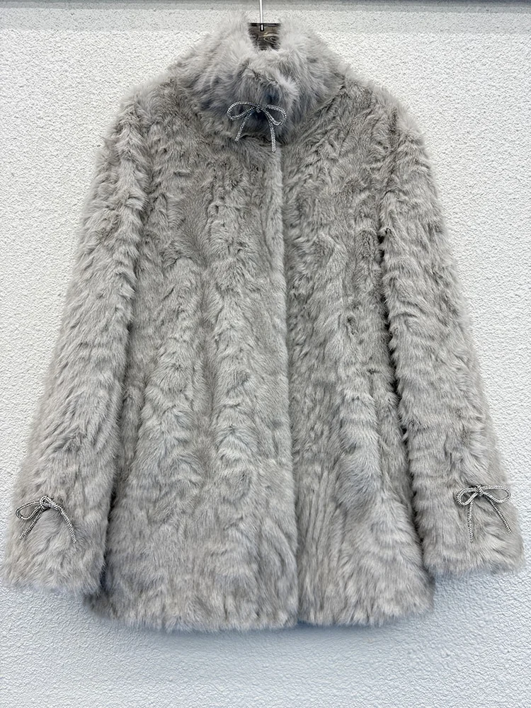 French Retro Romantic Faux Fur Outerwear Elegant Exquisite Gray Smooth Soft Winter Warm Commuting Comfortable Loose Simple Coat