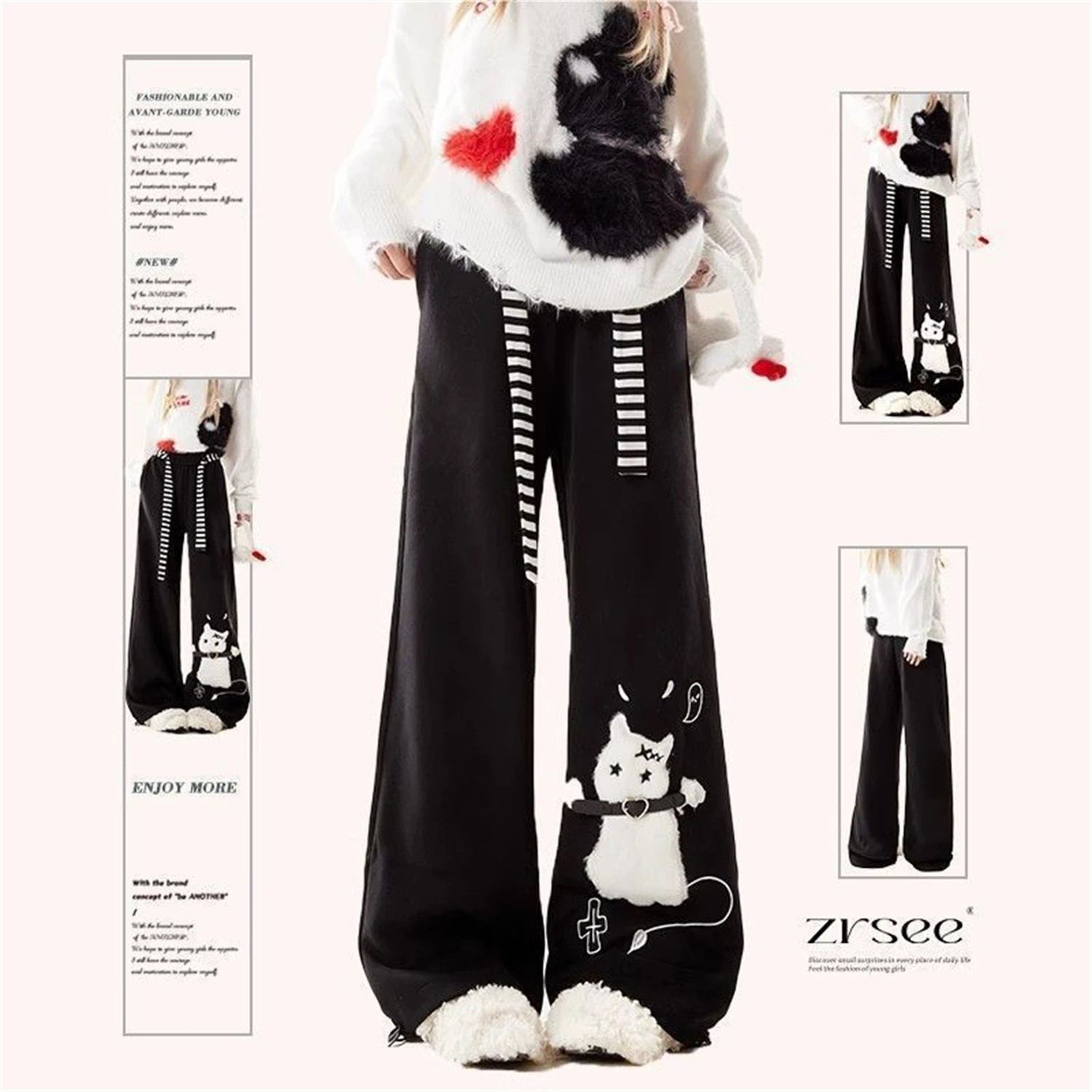 Women's Wide Leg Pants New Fashion Cartoon Cat Graphic Print Striped Drawstring High Waist Loose Y2K Casual Streetwear Trousers