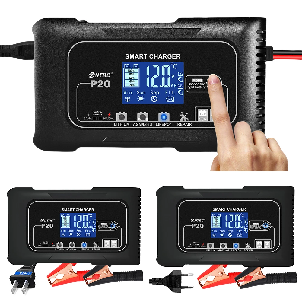 12V 20A 24V 10A Car Motorcycle Battery Charger 7-Stage Charge Automatic Motorcycle Charger LCD Display for AGM GEL WET Lead Acid