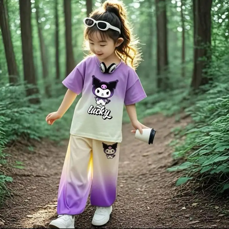 

Sanrios Summer Set Lucky Kuromi Girls Super Cute Gradient Short Sleeve Two Piece Dopamine Casual Comfort Loose Beauty Clothing