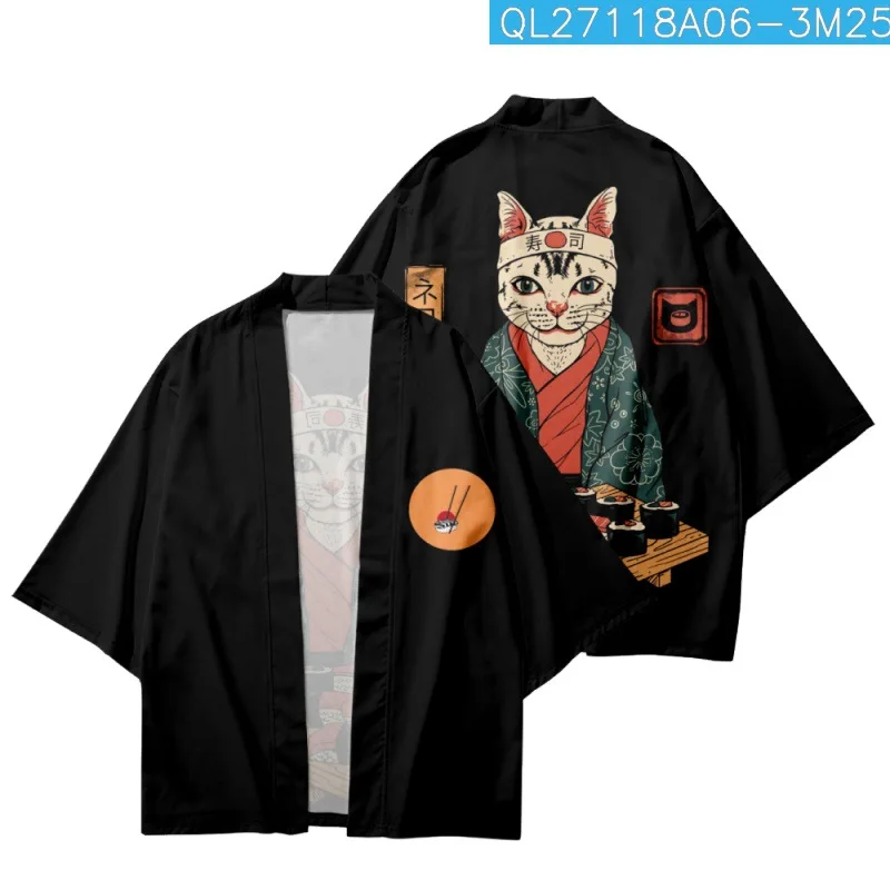 

Summer Cartoon Cat Samurai Printed Loose Japanese Kimono Streetwear Cardigan Robe Women Men Haori Top Yukata