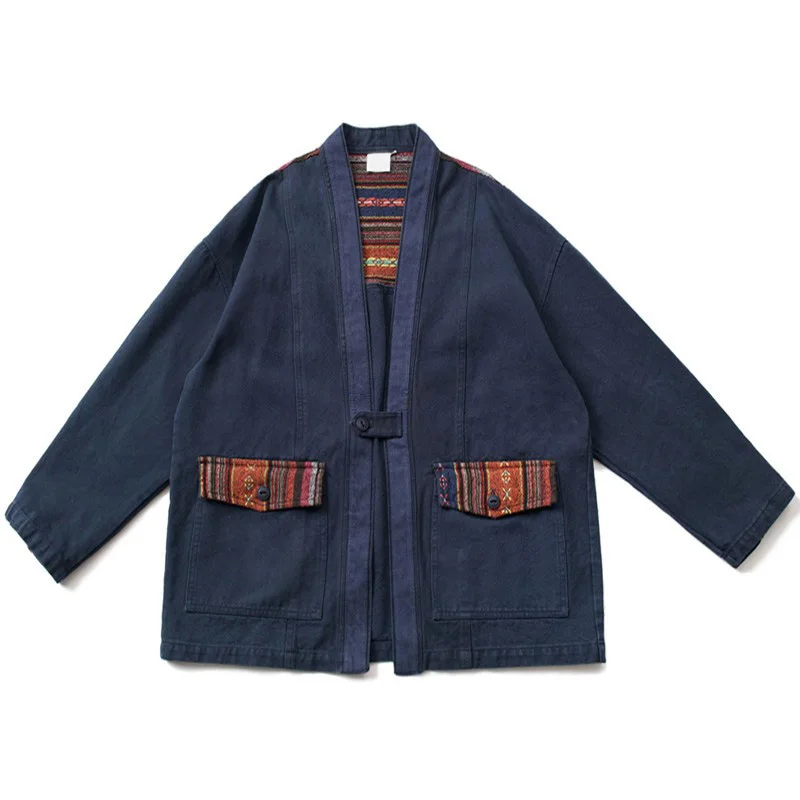 

Japan Style Ethnic Men Patchwork Retro Kimono Jacket Stand Collar Casual Wear 100% Cotton Loose Haori