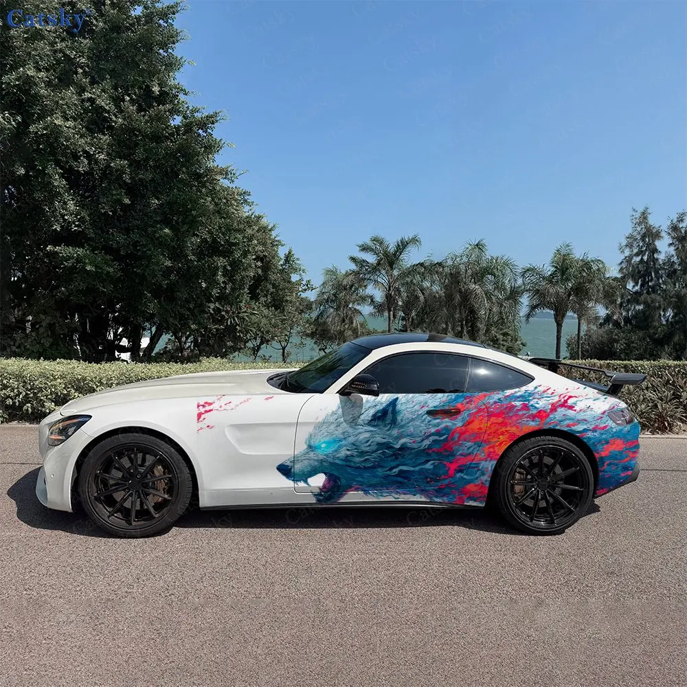 

2pcs Ice And Fire Contrast Wolf Car Side Wraps, Self-Adhesive PVC Waterproof & Scratch-Resistant Stickers, Car Accessory Gift