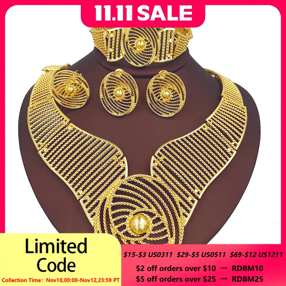 

Африканский свадебный комплект ювелирных изделий, преувеличенный дизайн, ожерелье, браслет, серьги, кольца для женщин, модный подарок на вечеринку, позолота 18 карат