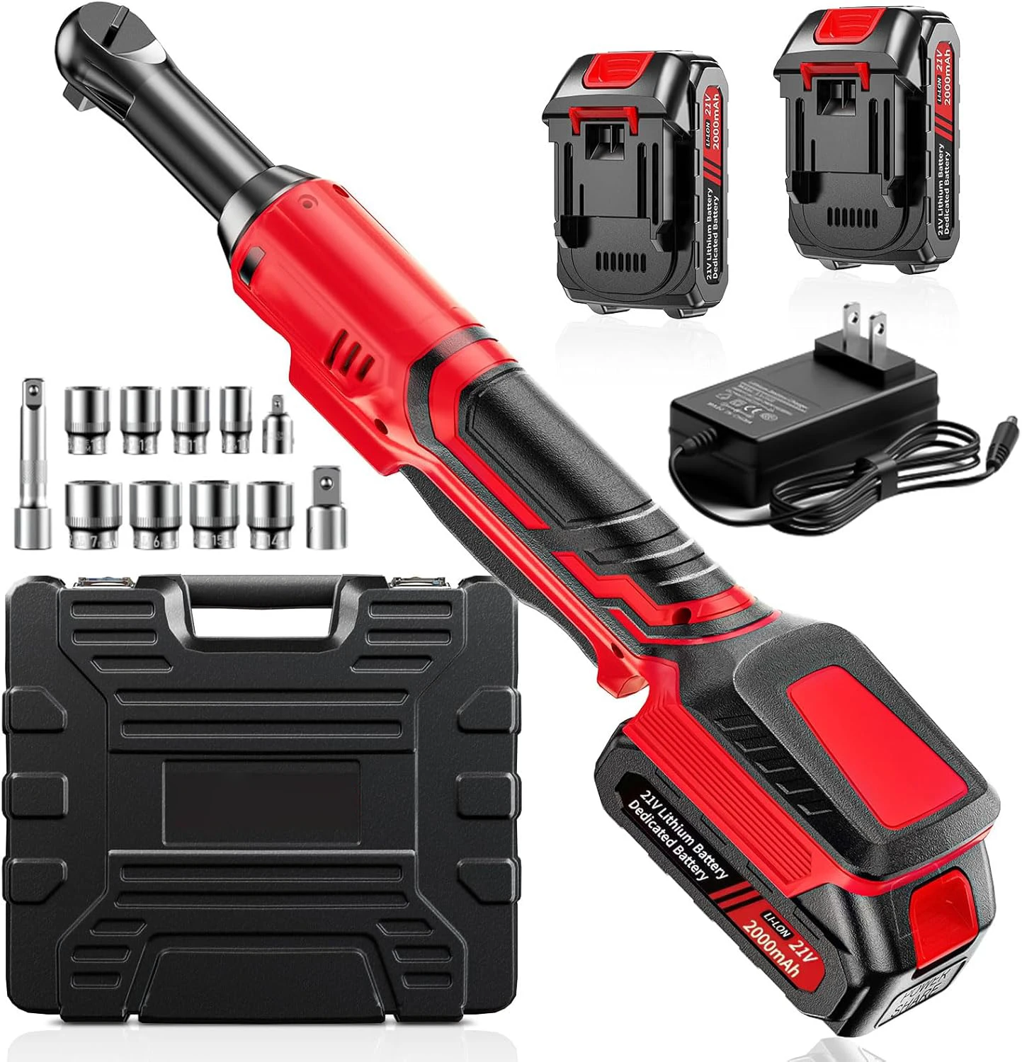 Clé à cliquet sans fil de 3/8 pouces, clé à cliquet électrique à vitesse variable de 60 pied-pouces (80 Nm), 400 tr/min, batterie 21 V 2x2,0 Ah et chargeur, tête longue avec lumière LED, kit de clé à cliquet sans fil