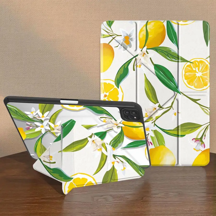With Pen Slot Cover Tablet Case For iPad Mini 7 6 5 9th 12th Pro M4 13 2025 2026 Air 8 M2 M3 3 11th 10th Gen Lemon Geometric
