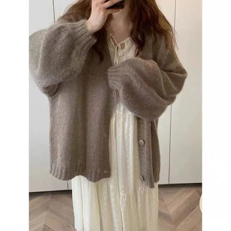 Women\'s Early Autumn Korean New V-neck Knitted Cardigan Commuting Fashionable Solid Sweater Versatile Casual Long Sleeved Coat