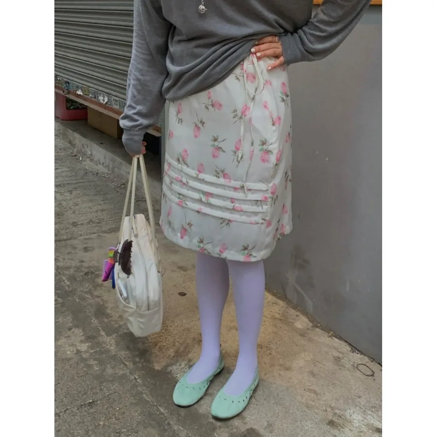 

Ele Floral Embroidery Side Bow Elastic Waist Midi Skirt Women's Early Spring Loose Versatile Straight Cut Skirt
