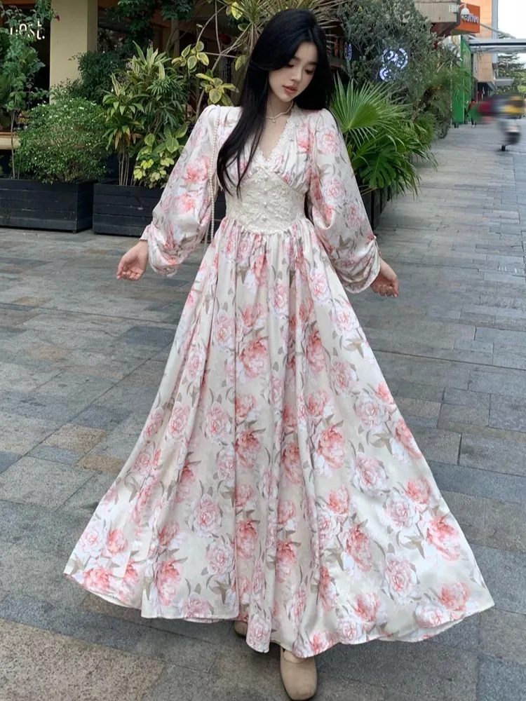 

Autumn Women Floral Casual Beach Evening Party Long Dresses V Neck Vintage A-line Dress Korean Fashion Sweet Vestidos Mujer New