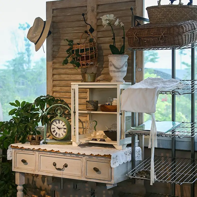 Shabby Chic White Wooden Kitchen Display Wall Cabinet 2 Tiers With Glass Doors