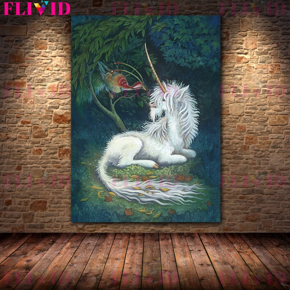 الغابات يونيكورن ، التنين القط ، الطيور مسكون ، خمر جدار الفن قماش اللوحة غامض ماجيك مخلوق الفن ملصق طباعة ديكور المنزل #5