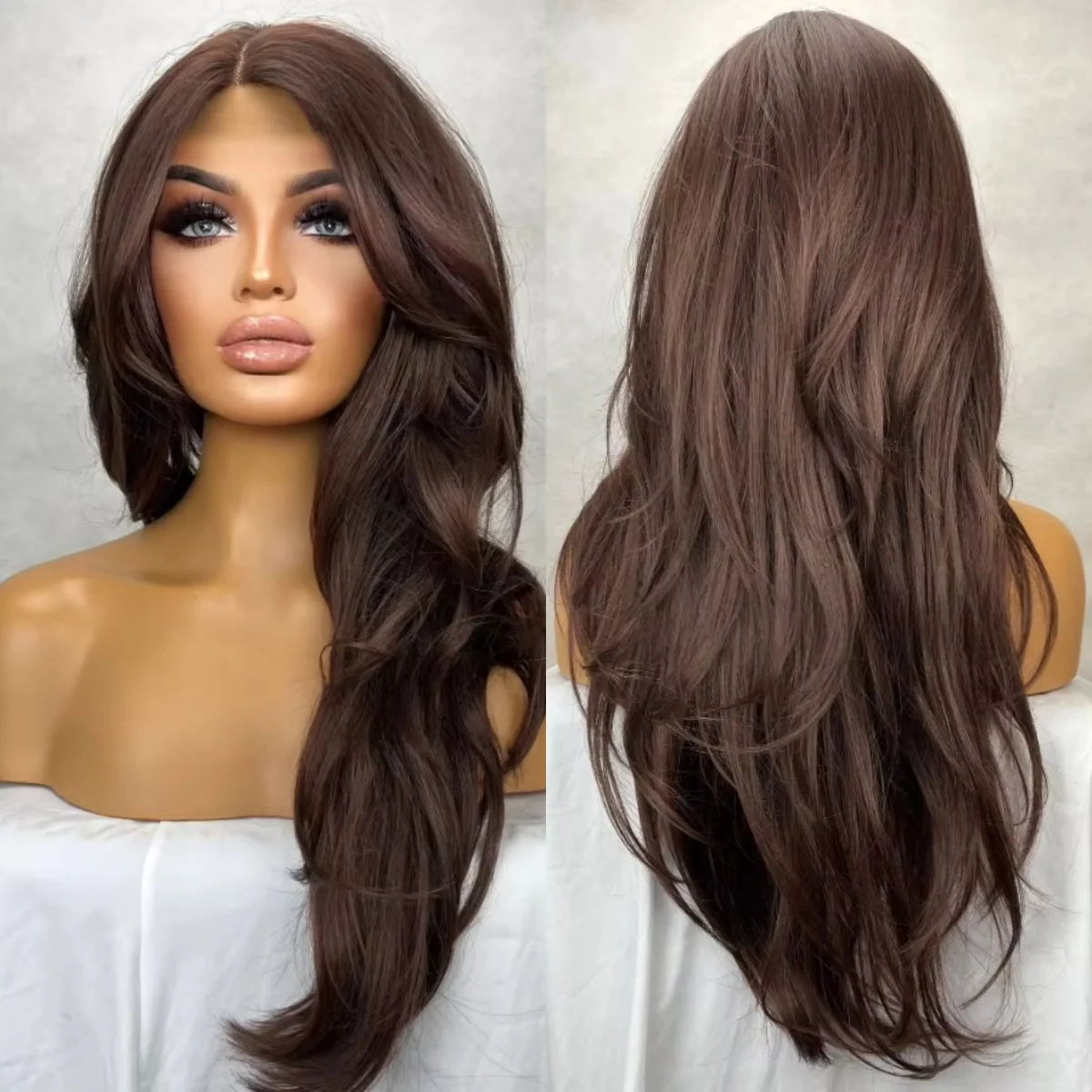Natural Wave Wig Chocolate Brown Synthetic Lace Front Wig Female Preplucked Hairline High Quality Wigs For Women Daily Party Use