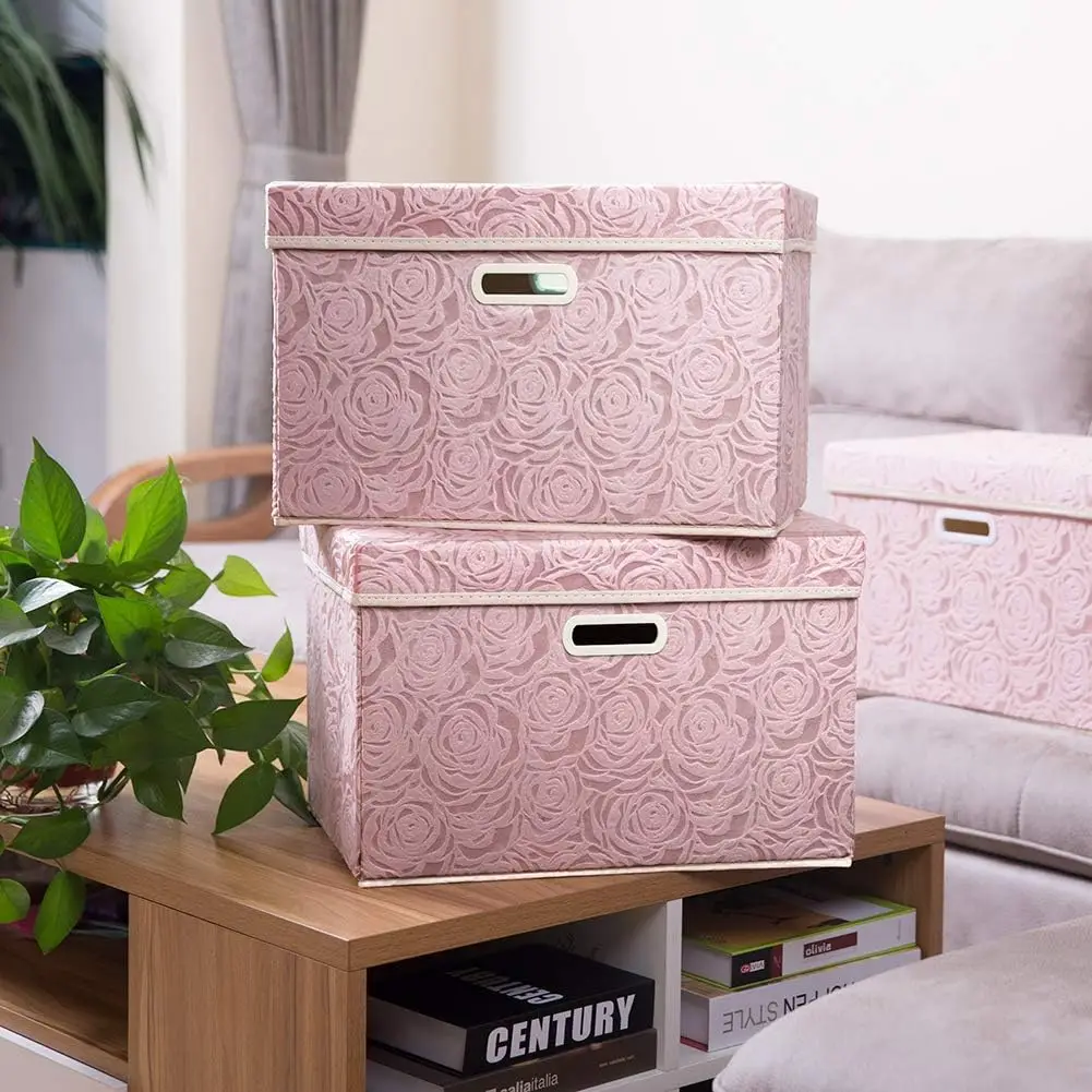 Large Foldable Storage Boxes with Lids [5-Pack] Fabric Decorative Storage Bin Cubes Organizer Containers Baskets with Co