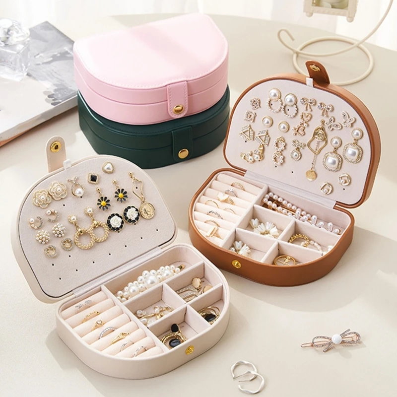 Portable Leather Jewelry Casket Lady Vintage Half Round Shape Large Capacity Jewelry Storage Box for Rings and Small Adornments