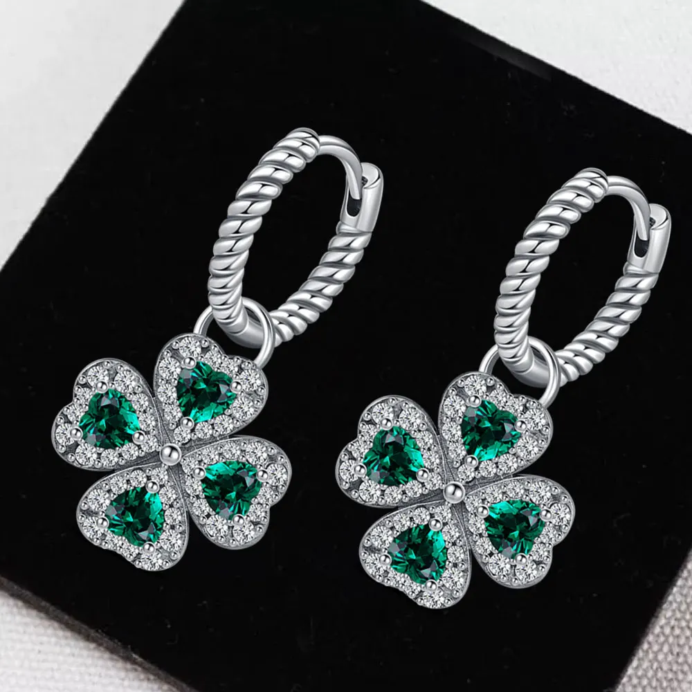 

925 Sterling Silver Elegant Sparkling Lucky Clover Hoops Earring For Women Fashion Jewelry Simple Fine Colorful Flower Love Gift
